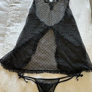 La Perla Black Sheer Polka Dot Lace Chemise with Thong